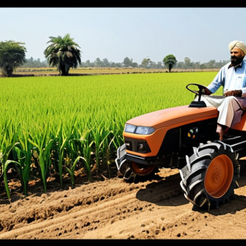 Home 16 **Prompt 1: Automated Farming Transformation**
A futuristic robotic tractor, autonomously plowing perfectly straight lines in a vibrant, sun-drenched Indian agricultural field. In the foreground, a traditional Indian farmer, with a look of profound relief and optimism, leans on a wooden fence, observing the efficient machine. The scene should evoke the feeling of immense labor and time saving, blending ancient farming heritage with cutting-edge technology. Emphasize the spaciousness of the field and the powerful, sleek design of the robot.