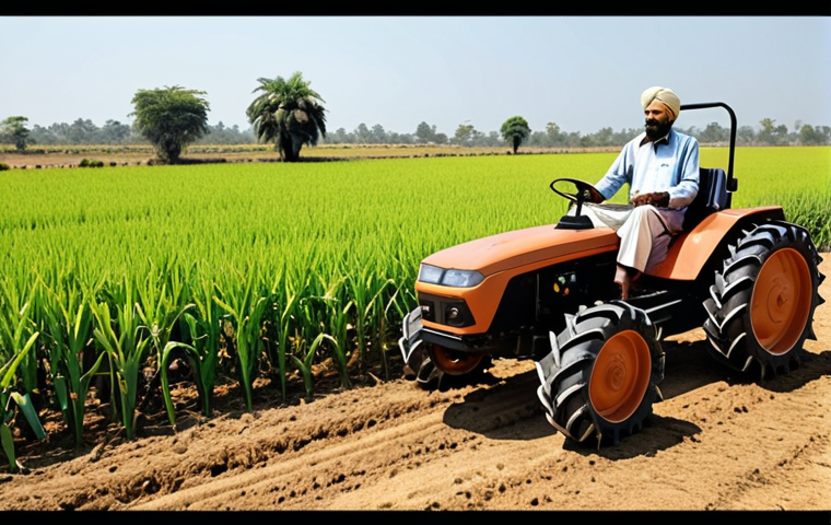 **Prompt 1: Automated Farming Transformation**
A futuristic robotic tractor, autonomously plowing perfectly straight lines in a vibrant, sun-drenched Indian agricultural field. In the foreground, a traditional Indian farmer, with a look of profound relief and optimism, leans on a wooden fence, observing the efficient machine. The scene should evoke the feeling of immense labor and time saving, blending ancient farming heritage with cutting-edge technology. Emphasize the spaciousness of the field and the powerful, sleek design of the robot.