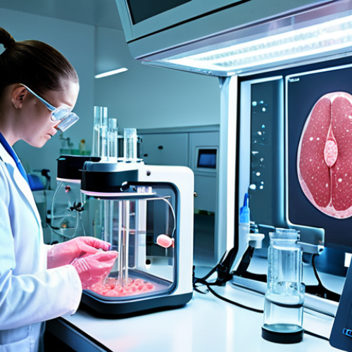 Home 15 **Image Prompt 1: The Lab-Grown Future of Meat**
A highly detailed, futuristic laboratory scene focusing on the creation of cultured meat. In the foreground, a glowing petri dish or a magnified view of cells multiplying under a microscope, symbolizing the initial growth. In the midground, sleek, transparent bioreactors (large tanks) where muscle tissues are forming, with subtle internal light. Scientists in clean, modern lab attire are observing data on transparent screens, emphasizing precision and control. The environment should be sterile, bright, and technologically advanced, conveying the scientific marvel and innovative process of cellular agriculture.