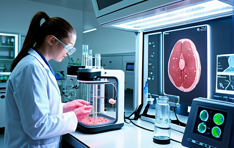 **Image Prompt 1: The Lab-Grown Future of Meat**
A highly detailed, futuristic laboratory scene focusing on the creation of cultured meat. In the foreground, a glowing petri dish or a magnified view of cells multiplying under a microscope, symbolizing the initial growth. In the midground, sleek, transparent bioreactors (large tanks) where muscle tissues are forming, with subtle internal light. Scientists in clean, modern lab attire are observing data on transparent screens, emphasizing precision and control. The environment should be sterile, bright, and technologically advanced, conveying the scientific marvel and innovative process of cellular agriculture.