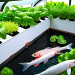 **Image Prompt 1:** A vibrant close-up of a thriving aquaponics system, showcasing the symbiotic relationship. Clear water reveals healthy fish (e.g., Tilapia or Carp) swimming peacefully in a tank below, while lush green plants (like basil, lettuce, or leafy greens) with visible roots flourish in a grow bed above. Sunlight bathes the scene, highlighting the natural beauty and efficiency of this closed-loop ecosystem. The overall mood is harmonious and serene.