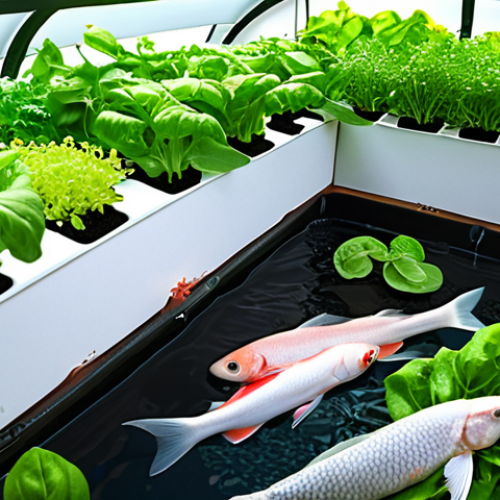 Home 8 **Image Prompt 1:** A vibrant close-up of a thriving aquaponics system, showcasing the symbiotic relationship. Clear water reveals healthy fish (e.g., Tilapia or Carp) swimming peacefully in a tank below, while lush green plants (like basil, lettuce, or leafy greens) with visible roots flourish in a grow bed above. Sunlight bathes the scene, highlighting the natural beauty and efficiency of this closed-loop ecosystem. The overall mood is harmonious and serene.