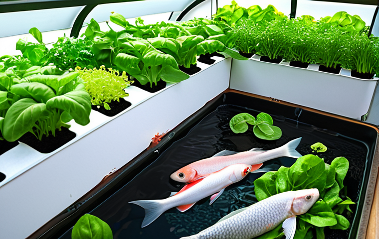 **Image Prompt 1:** A vibrant close-up of a thriving aquaponics system, showcasing the symbiotic relationship. Clear water reveals healthy fish (e.g., Tilapia or Carp) swimming peacefully in a tank below, while lush green plants (like basil, lettuce, or leafy greens) with visible roots flourish in a grow bed above. Sunlight bathes the scene, highlighting the natural beauty and efficiency of this closed-loop ecosystem. The overall mood is harmonious and serene.