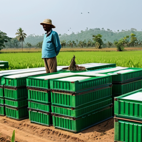 Home 24 **
"A sustainable cricket farm, showcasing rows of stacked containers with thriving cricket colonies. A local farmer, fully clothed in appropriate farming attire, is inspecting the insects with a smile. Background should feature a rural Indian landscape. safe for work, appropriate content, professional, modest, family-friendly, perfect anatomy, correct proportions, natural pose."
**