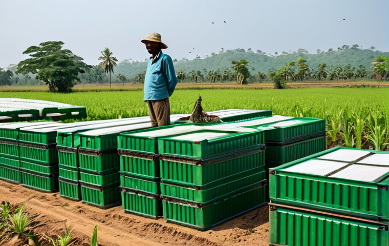 **

"A sustainable cricket farm, showcasing rows of stacked containers with thriving cricket colonies. A local farmer, fully clothed in appropriate farming attire, is inspecting the insects with a smile. Background should feature a rural Indian landscape. safe for work, appropriate content, professional, modest, family-friendly, perfect anatomy, correct proportions, natural pose."

**