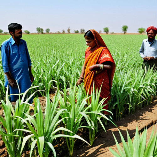 Home 13 **
"A group of Indian farmers, fully clothed in traditional attire, inspecting a field of drought-resistant crops like millet and sorghum, with a focus on water conservation techniques like drip irrigation. The background features a clear blue sky and a slightly arid landscape. Safe for work, appropriate content, family-friendly, professional photography, perfect anatomy, natural pose, high quality."
**