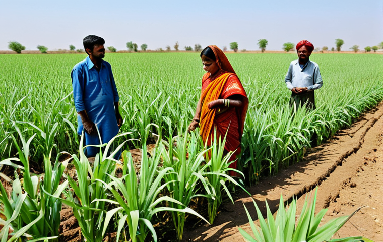 **

"A group of Indian farmers, fully clothed in traditional attire, inspecting a field of drought-resistant crops like millet and sorghum, with a focus on water conservation techniques like drip irrigation. The background features a clear blue sky and a slightly arid landscape. Safe for work, appropriate content, family-friendly, professional photography, perfect anatomy, natural pose, high quality."

**