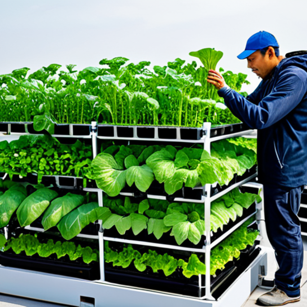 수경재배와 환경 보호 - **

"A vibrant hydroponics setup in an urban rooftop garden, various leafy green vegetables growing ...