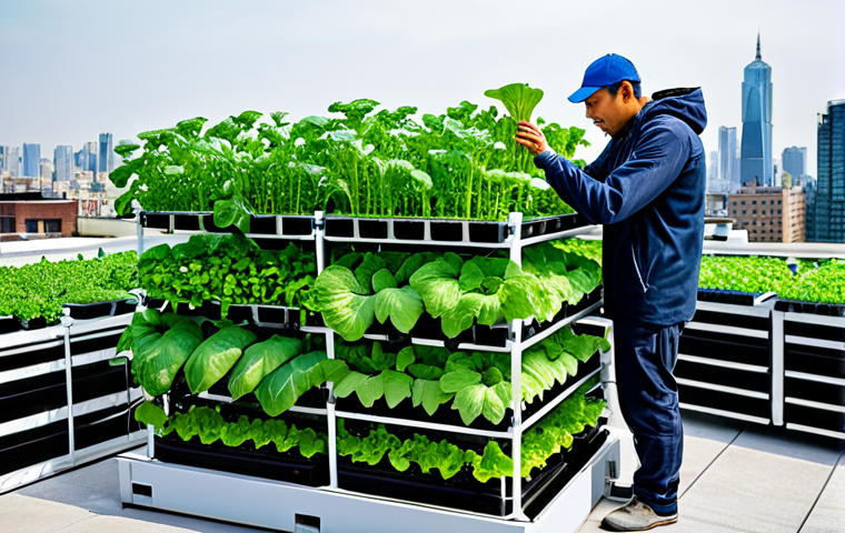 수경재배와 환경 보호 - **

"A vibrant hydroponics setup in an urban rooftop garden, various leafy green vegetables growing ...