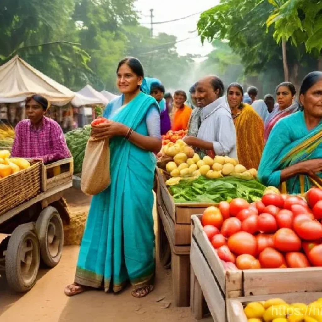 글로벌 식량 정책 분석 - **Prompt:** A vibrant, bustling outdoor farmer's market in a rural Indian setting. The scene is bath...