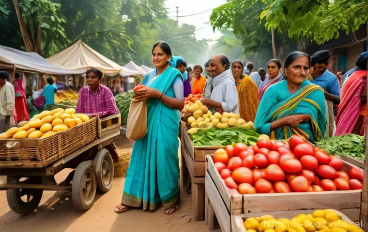 글로벌 식량 정책 분석 - **Prompt:** A vibrant, bustling outdoor farmer's market in a rural Indian setting. The scene is bath...