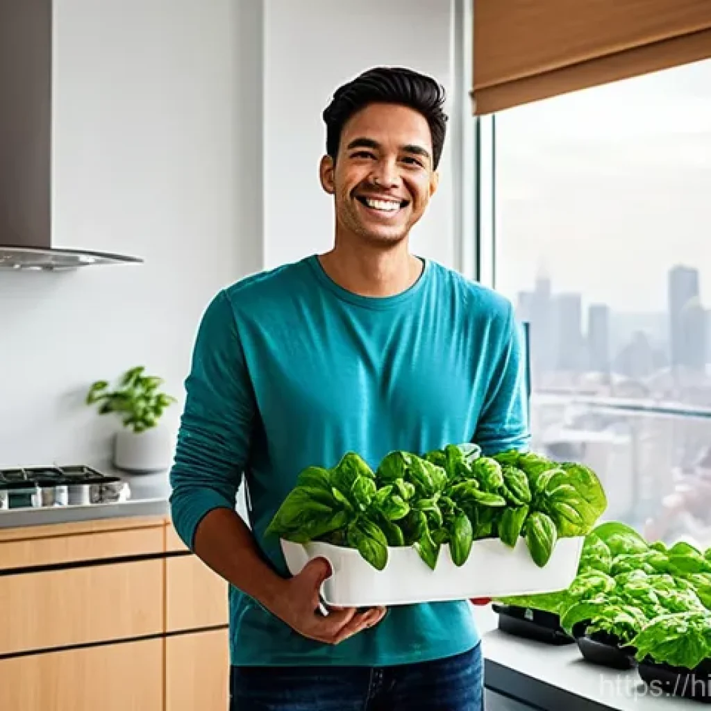 식량 수요에 대응하는 기술 - **Prompt:** "A vibrant and lush indoor vertical farm in a modern, sunlit apartment kitchen. Sleek, m...
