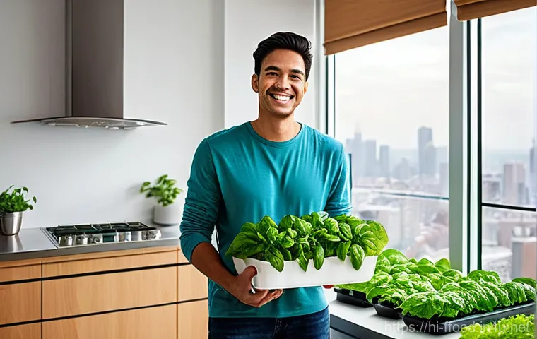 식량 수요에 대응하는 기술 - **Prompt:** "A vibrant and lush indoor vertical farm in a modern, sunlit apartment kitchen. Sleek, m...