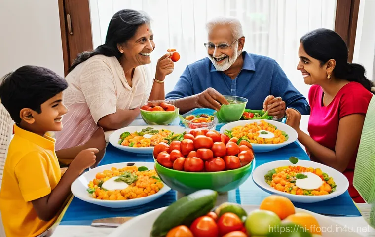 미래식량의 유전자 조작 기술 - **Prompt:** A diverse, multi-generational Indian family (grandparents, parents, children) happily ga...
