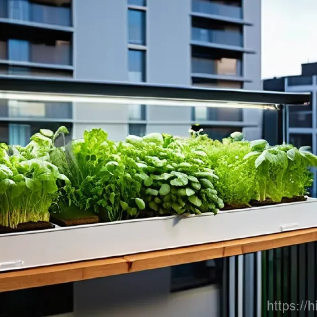 아쿠아포닉스 시스템의 장점 - **Prompt:** "A bustling aquaponics urban balcony garden. Sunlight streams onto a compact, multi-tier...