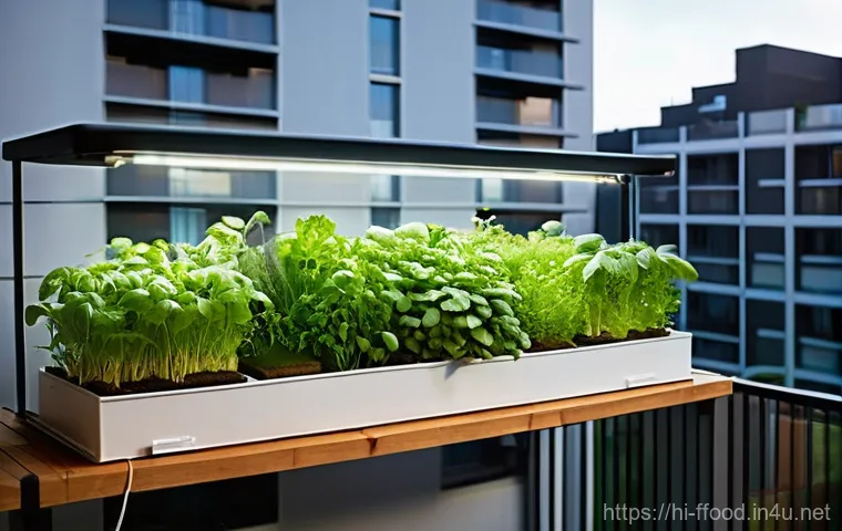 아쿠아포닉스 시스템의 장점 - **Prompt:** "A bustling aquaponics urban balcony garden. Sunlight streams onto a compact, multi-tier...