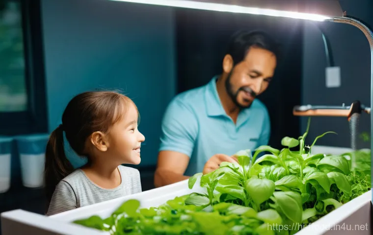 아쿠아포닉스 시스템의 장점 - **Prompt:** "A bustling aquaponics urban balcony garden. Sunlight streams onto a compact, multi-tier...