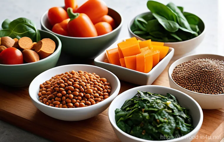 비건 고기와 대체육 비교 - **Prompt:** A vibrant, modern kitchen scene featuring a diverse spread of delicious-looking vegan me...