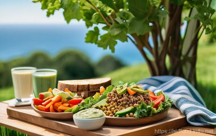 비건 고기와 대체육 비교 - **Prompt:** A warm and inviting scene showcasing a bounty of traditional and modern plant-based prot...