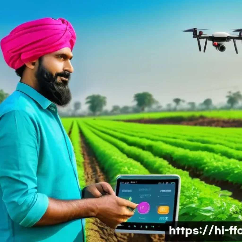 미래식량 혁신 기술 - A vibrant digital farm scene in rural India showcasing a farmer using a drone flying over lush green...