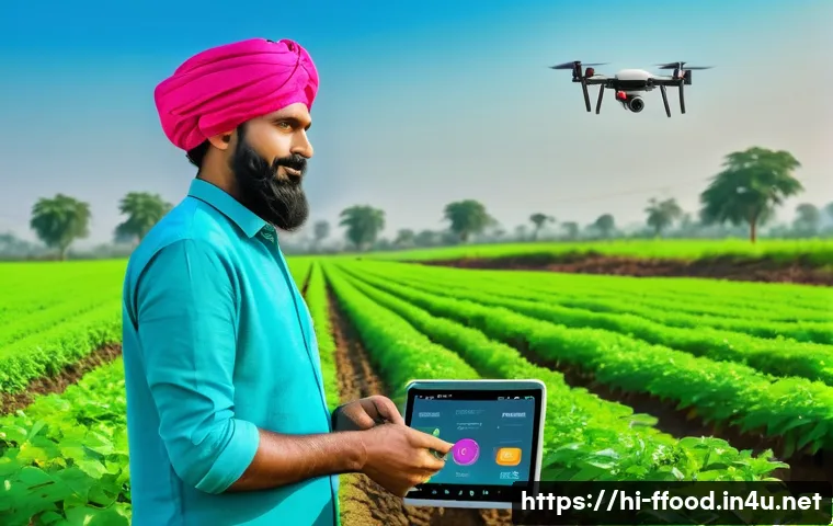 미래식량 혁신 기술 - A vibrant digital farm scene in rural India showcasing a farmer using a drone flying over lush green...