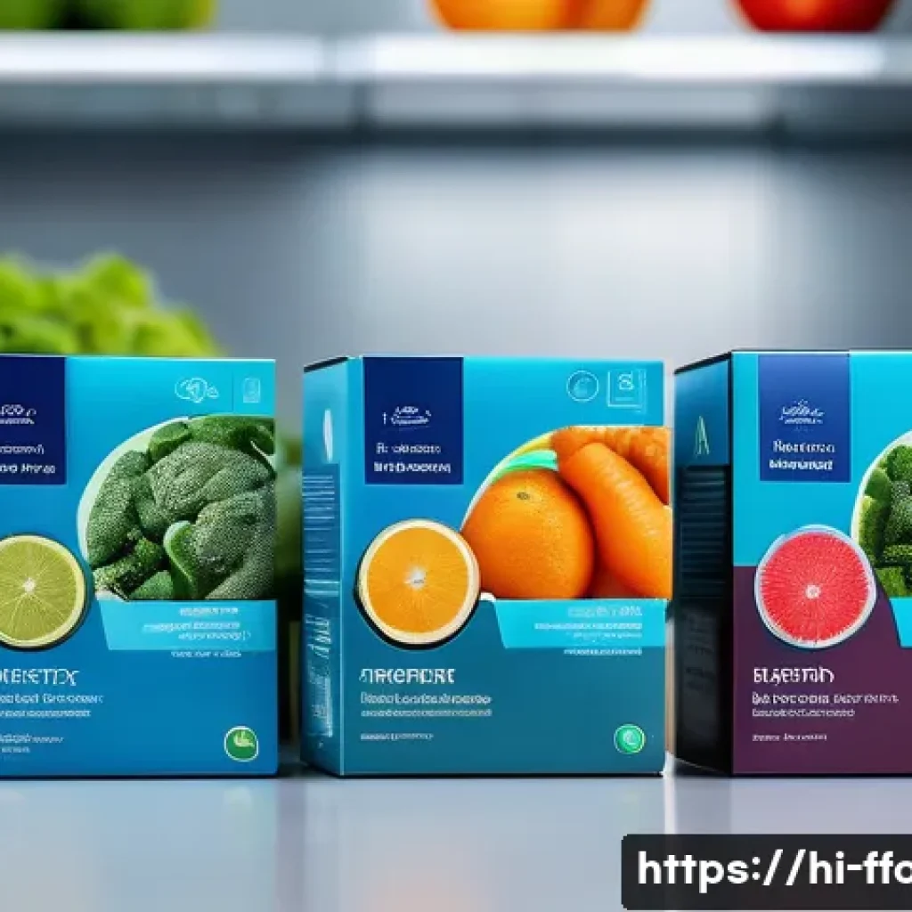 미래식량을 위한 나노기술 - A futuristic food packaging scene showcasing transparent nano-coating layers applied on fresh fruits...
