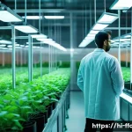 Home 22 실험실에서 생산된 식품 - A futuristic urban vertical farm scene showcasing advanced biotechnology in food production, with ro...