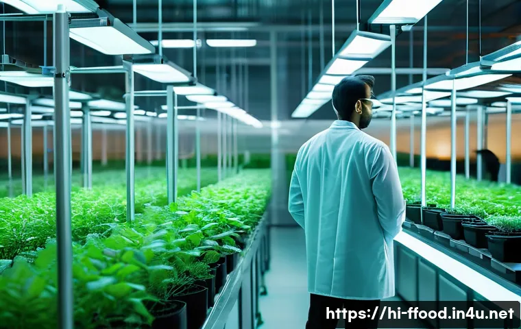 실험실에서 생산된 식품 - A futuristic urban vertical farm scene showcasing advanced biotechnology in food production, with ro...