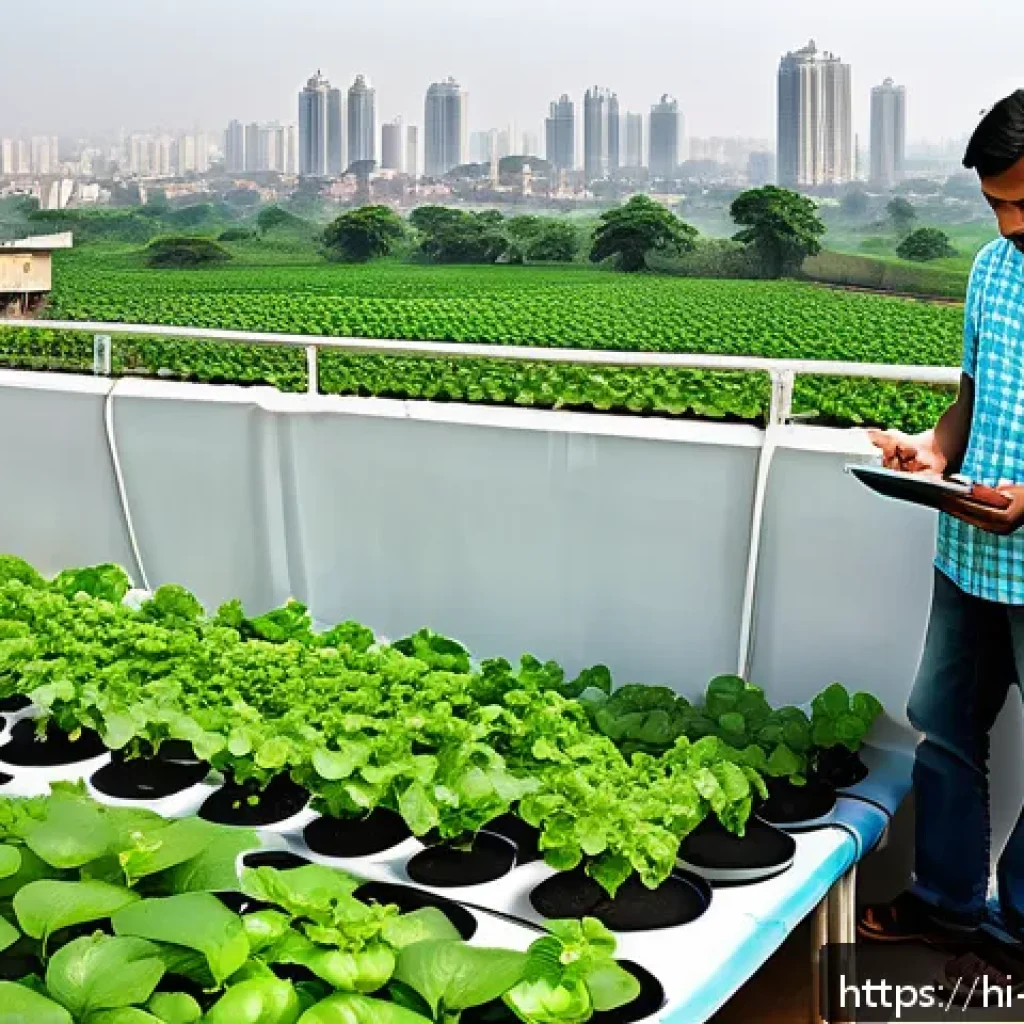 기후 변화에 대응하는 수경재배 - A detailed hydroponic garden setup on a sunny rooftop in an urban Indian neighborhood, featuring ver...