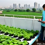 Home 21 기후 변화에 대응하는 수경재배 - A detailed hydroponic garden setup on a sunny rooftop in an urban Indian neighborhood, featuring ver...