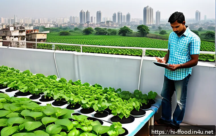 기후 변화에 대응하는 수경재배 - A detailed hydroponic garden setup on a sunny rooftop in an urban Indian neighborhood, featuring ver...