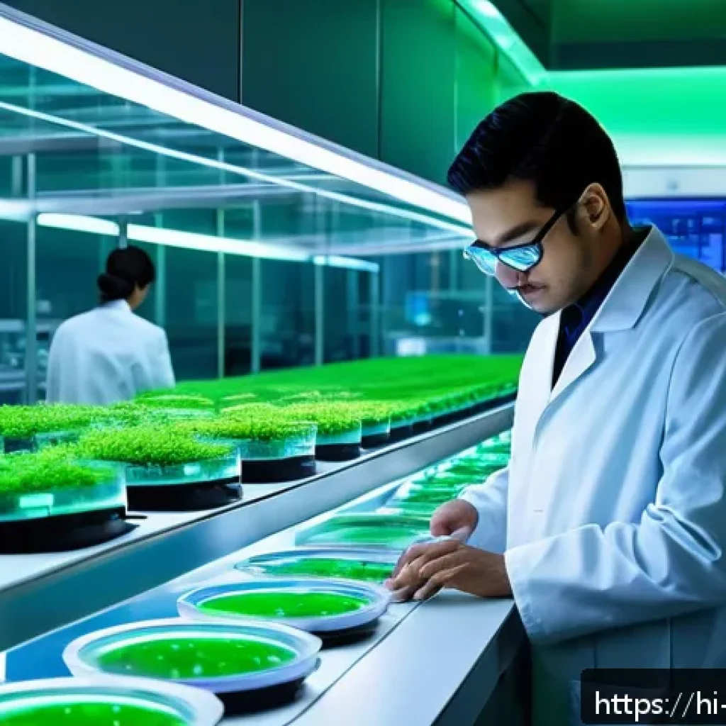 환경친화적인 대체육 생산 - A futuristic laboratory scene showcasing cultured meat production: sleek bioreactors glowing softly ...