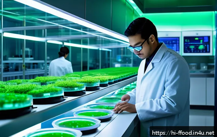 환경친화적인 대체육 생산 - A futuristic laboratory scene showcasing cultured meat production: sleek bioreactors glowing softly ...