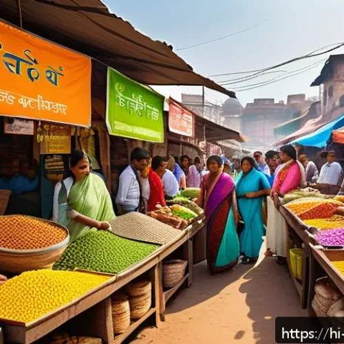 Home 17 지속 가능한 대체식품 산업 - A vibrant, detailed market scene in India showcasing a variety of plant-based alternative foods prom...
