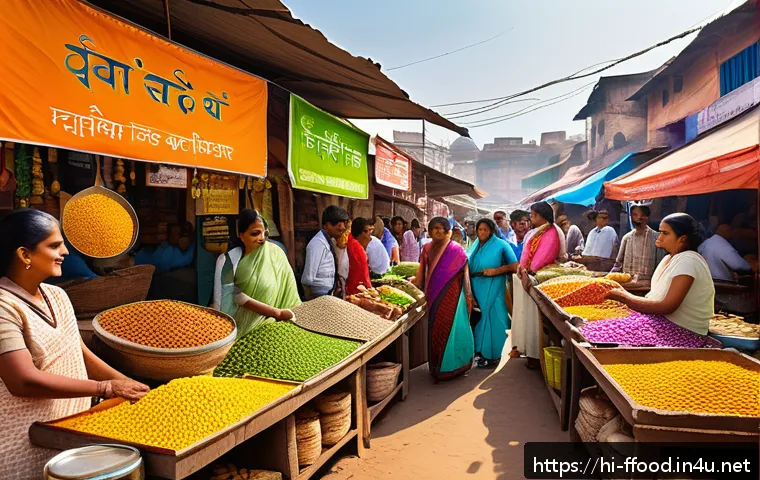 지속 가능한 대체식품 산업 - A vibrant, detailed market scene in India showcasing a variety of plant-based alternative foods prom...