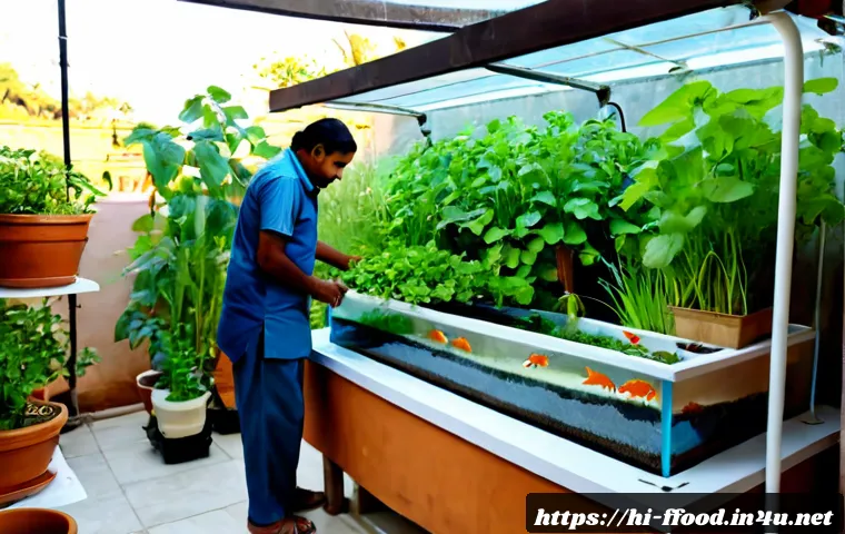 아쿠아포닉스 개념 - Photorealistic home aquaponics system in a bright Indian courtyard, clear glass fish tank with healt...