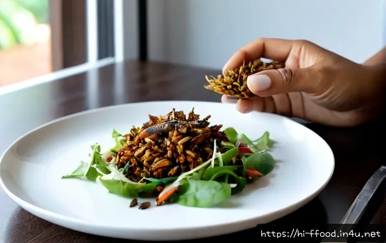 곤충의 대체육 가능성 - Photorealistic food innovation scene in a modern Indian home kitchen, a clean white plate holding a ...