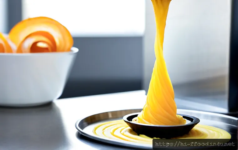 Home 17 3D 프린팅 식품 기술 - Photorealistic close-up of a modern food 3D printer precisely layering saffron-colored vegetable pur...